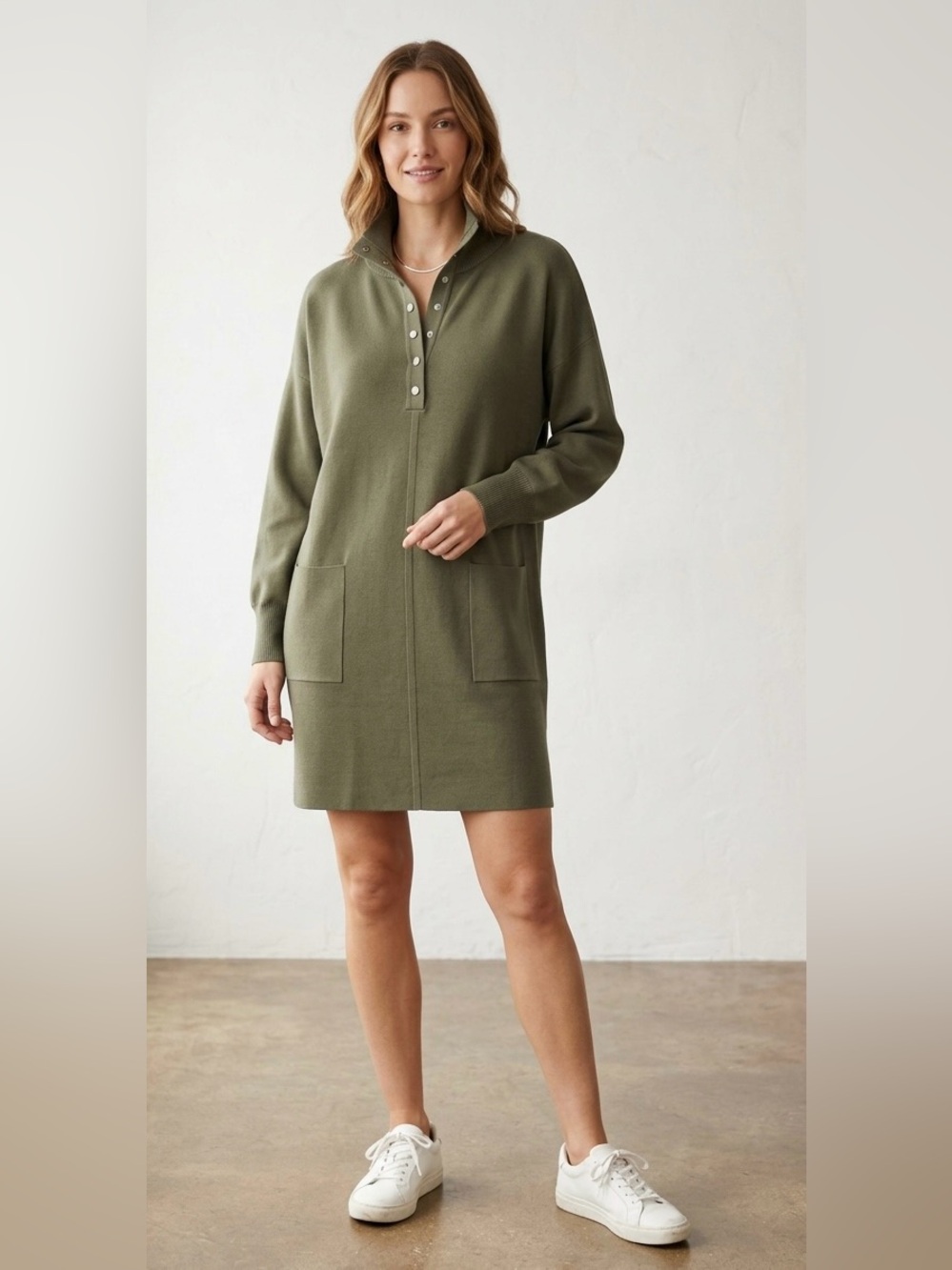 Daily Practice X Anthropologie Green M Mock Neck Button Front Sweater Dress